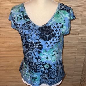 Temptation large 100% cotton v-neck cap sleeve sweater blue green black euc!